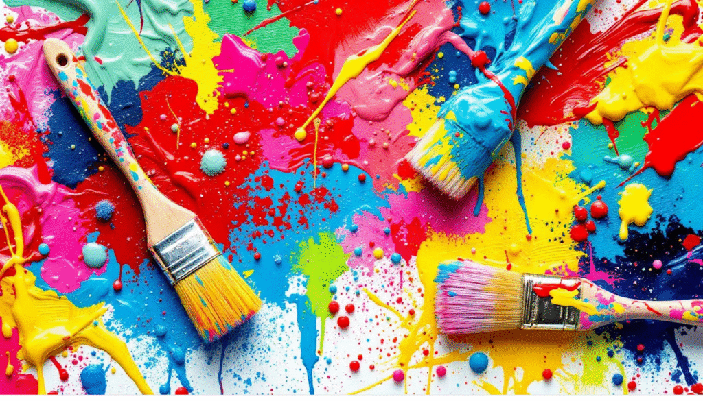 Materials Needed Materials needed for glue paint projects, including brushes and glitter.