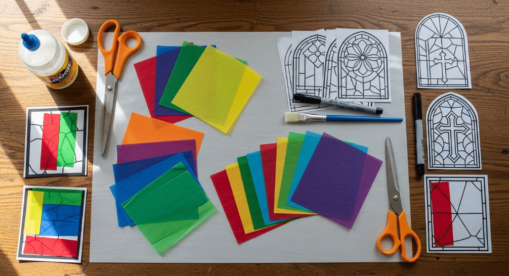 Materials Needed for Tissue Paper Stained Glass Crafts A collection of materials needed for tissue paper stained glass crafts.