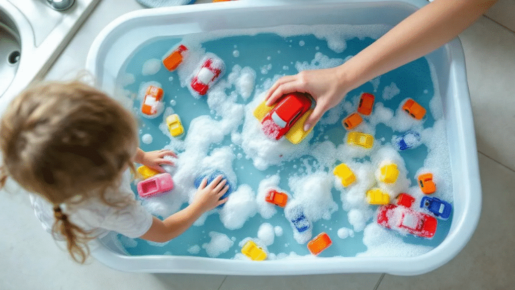 The image depicts a fun DIY water play activity where children are engaged in a mini car wash using a plastic bin filled with soapy water, bath toys, and plastic cars. Kids are happily scrubbing and rinsing their toys, creating bubbles and enjoying sensory play while practicing their motor skills in a playful, imaginative setting.