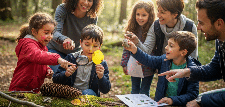A groupd of kids and adults on a Nature Scavenger Hunt.
