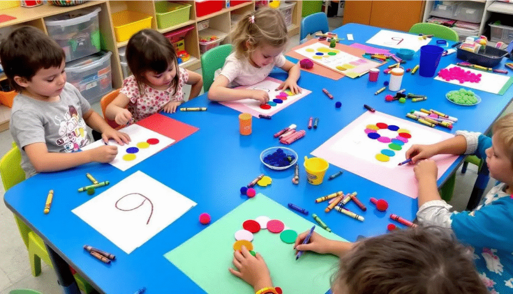 The image showcases a vibrant and engaging number craft activity focused on the number nine, featuring colorful construction paper and various craft supplies like pom poms and crayons. Children are seen practicing counting and number recognition by creating a playful caterpillar with nine distinct body parts, illustrating a fun and hands-on approach to learning numbers.
