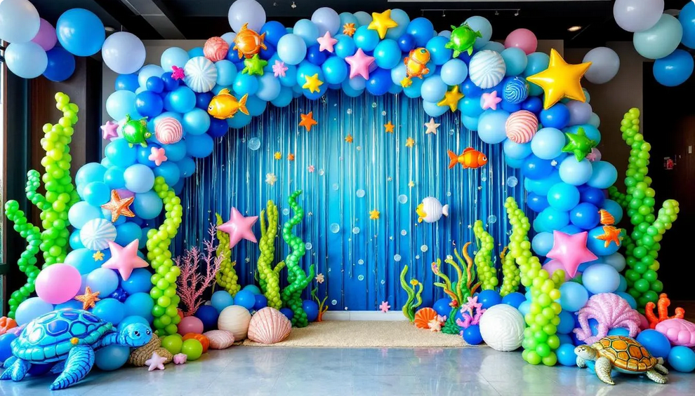The image features a vibrant sea balloon arch decorated with ocean-themed balloons in shades of blue, complemented by playful sea balloon garlands featuring mermaids, fish, and turtles. Additional details like seashells, starfish, and bubble-like balloons enhance the underwater atmosphere, creating a festive and whimsical setting perfect for a birthday celebration.