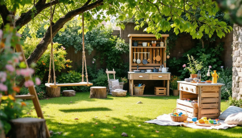 The image showcases a vibrant outdoor play space designed for kids, featuring an open area with natural elements like trees, flowers, and rocks, as well as a swing and a mud kitchen stocked with pots and play food for imaginative play. This inviting setup encourages children to explore, create, and engage in fun activities like pretend cooking and hosting picnic tea parties.