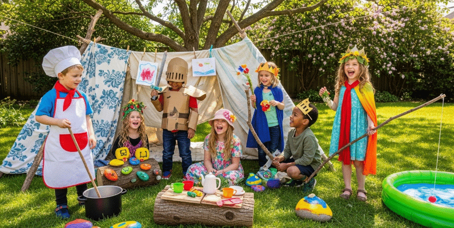 Kids pretend playing in the outdoors.