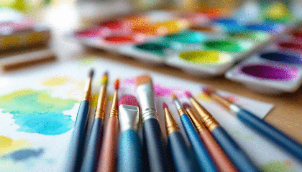 The image features a vibrant assortment of watercolor brushes in various sizes, alongside a selection of tempera paints, all arranged on an art table. This setup, perfect for young artists, showcases essential art supplies that encourage creativity and experimentation with color mixing on watercolor paper.