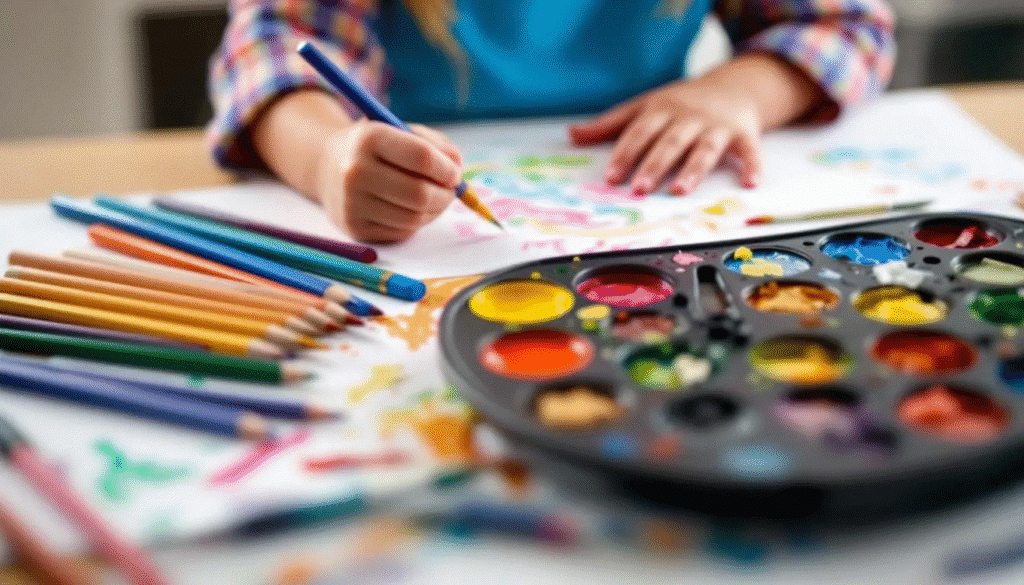 The image depicts a vibrant art table filled with various art supplies for young artists, including watercolor brushes, colored pencils, and drawing paper. These essential tools encourage creativity and fun, allowing children to explore color mixing and create colorful drawings and paintings.