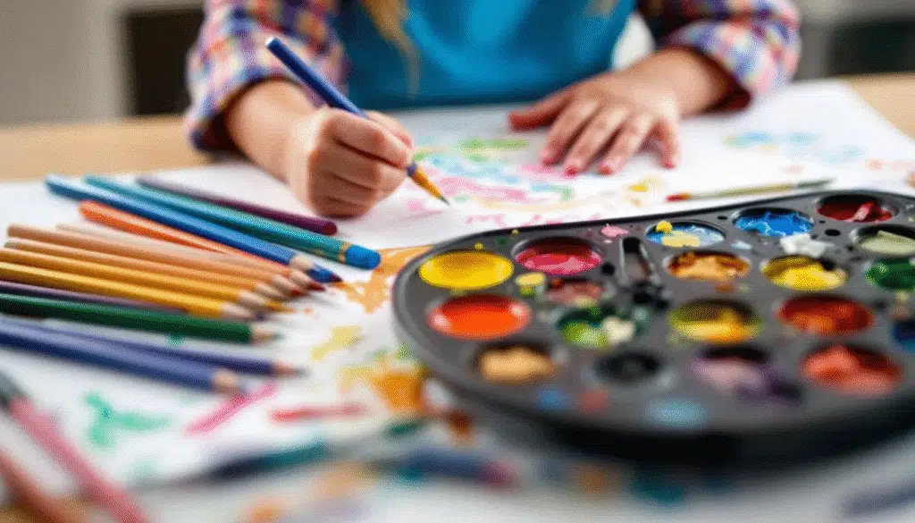 The image depicts a vibrant art table filled with various art supplies for young artists, including watercolor brushes, colored pencils, and drawing paper. These essential tools encourage creativity and fun, allowing children to explore color mixing and create colorful drawings and paintings.