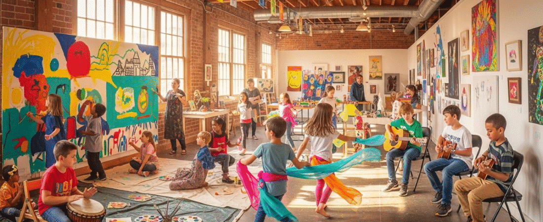 Children participating in painting, dancing, and music activities in a lively community arts space promoting creativity and inclusion.
