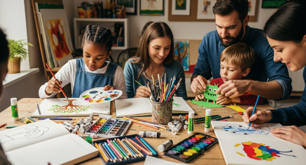 The image depicts a vibrant and inviting art table filled with various art supplies, including watercolor paper, colored pencils, and glue sticks, encouraging creativity in young artists and families. Children and adults are joyfully experimenting with painting and drawing projects, fostering imagination and quality time together.