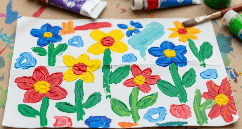 A vibrant acrylic painting project showcases colorful flowers and abstract shapes on a piece of scrap paper, emphasizing creativity and the joy of experimenting with colors. This fun activity is perfect for beginners looking to explore their artistic side and find inspiration in the process of creating art.