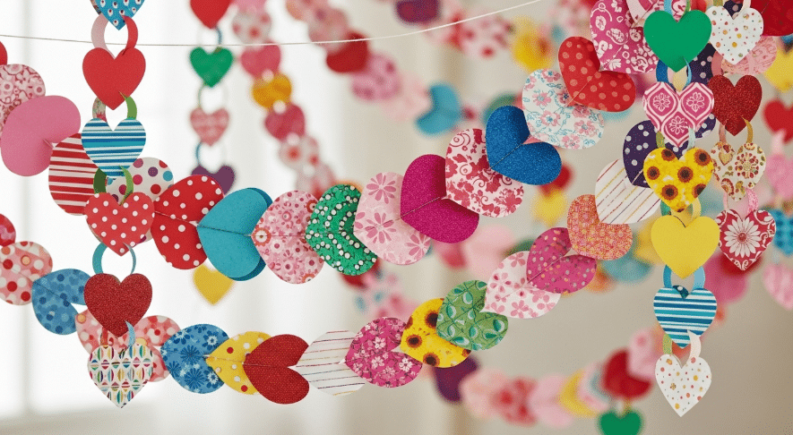 Paper Heart Chains A colorful display of paper heart chains, showcasing various designs and colors.