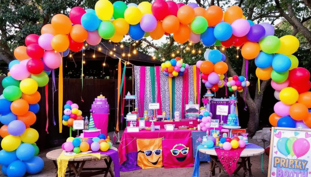 The image showcases a vibrant DIY pop up party setup featuring a colorful balloon arch as the focal point, surrounded by twinkling string lights and fairy lights that create a warm atmosphere. The scene is decorated with cheerful paper flowers and a fun photo booth with playful props, making it a perfect setting for a memorable celebration with friends and family.