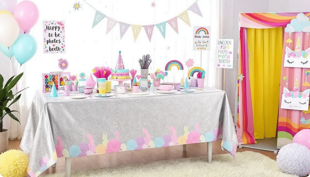 A vibrant unicorn-themed party setup features a colorful table covered with a magical unicorn tablecloth, adorned with matching plates, cups, and napkins. Nearby, a festive station displays party hats, horns, and noise-makers, while a fun photo booth with unicorn props invites guests to capture memorable moments.