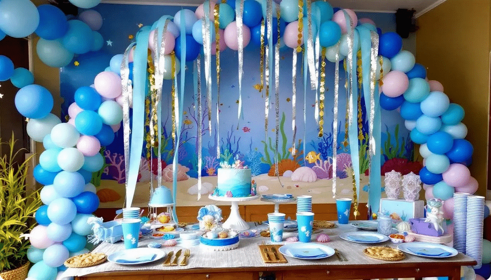 The image depicts a beautifully decorated mermaid-themed party setup featuring a vibrant mermaid balloons arch and a whimsical mermaid tail balloon. Surrounding the arch are colorful streamers and confetti, with a matching mermaid-themed cake and party supplies, creating an enchanting atmosphere for guests to enjoy.