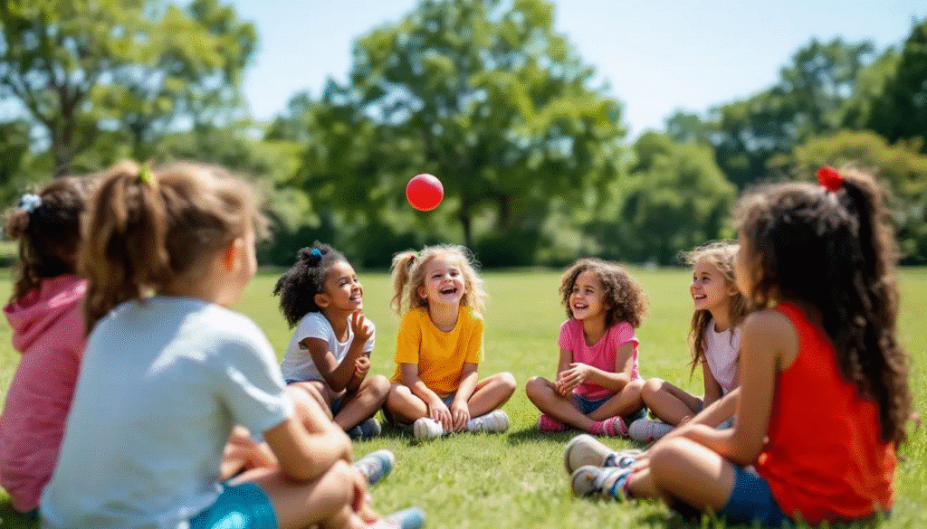 A group of young kids is sitting in a circle, taking turns passing a colorful ball to each other while saying words related to a theme. This fun game encourages listening, coordination, and teamwork as they practice taking turns and catching the ball.