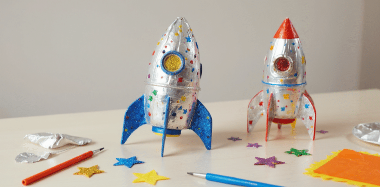 A personalized rocket ship craft decorated with unique designs.