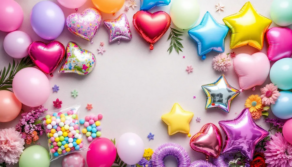 A vibrant assortment of party balloons in various sizes and colors is displayed, including helium-filled options that float and air-filled latex balloons ideal for creating beautiful balloon garlands and arches. This collection is perfect for a fairy birthday party or any festive celebration, showcasing both soft pastels and bright shades to match your party theme.