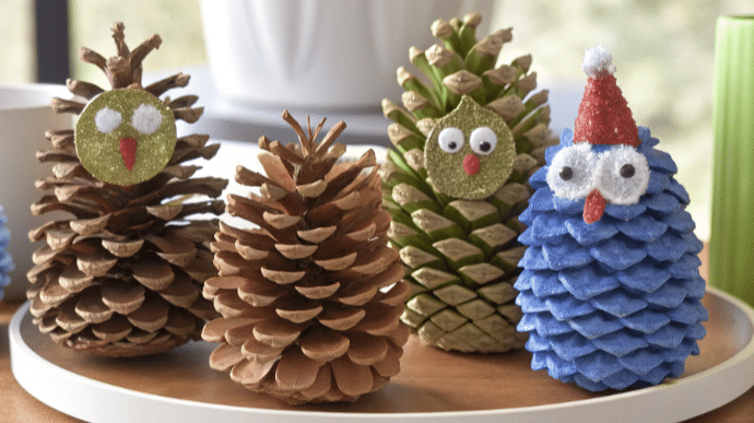 Pine Cone Creations A collection of pine cone crafts showcasing creativity and nature crafts.