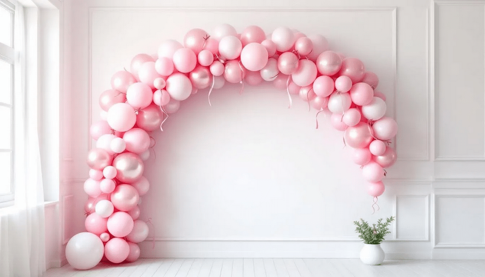The image features a vibrant party setup showcasing a stunning pink balloon garland arch as the centerpiece, surrounded by colorful decorations perfect for a birthday party or baby shower. This elegant backdrop is adorned with bright streamers and greenery, creating a festive atmosphere that invites guests to take memorable pictures.