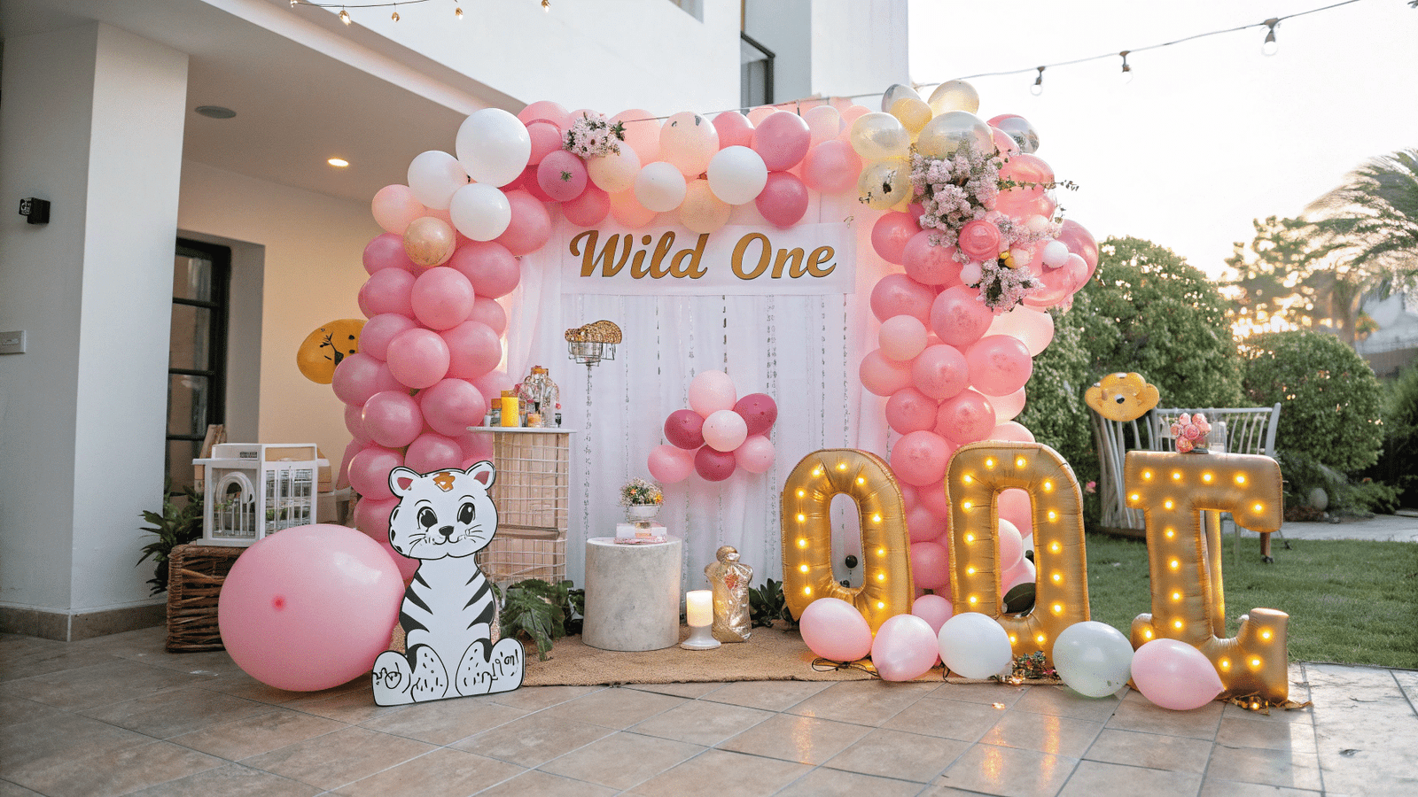 The image features a vibrant setup of birthday balloons for a child's 1st birthday celebration, showcasing a variety of colorful balloons in pink and gender-neutral tones. The scene includes decorative elements like a "Wild One" theme with animal-shaped balloons, creating a joyful and unforgettable atmosphere for the party.