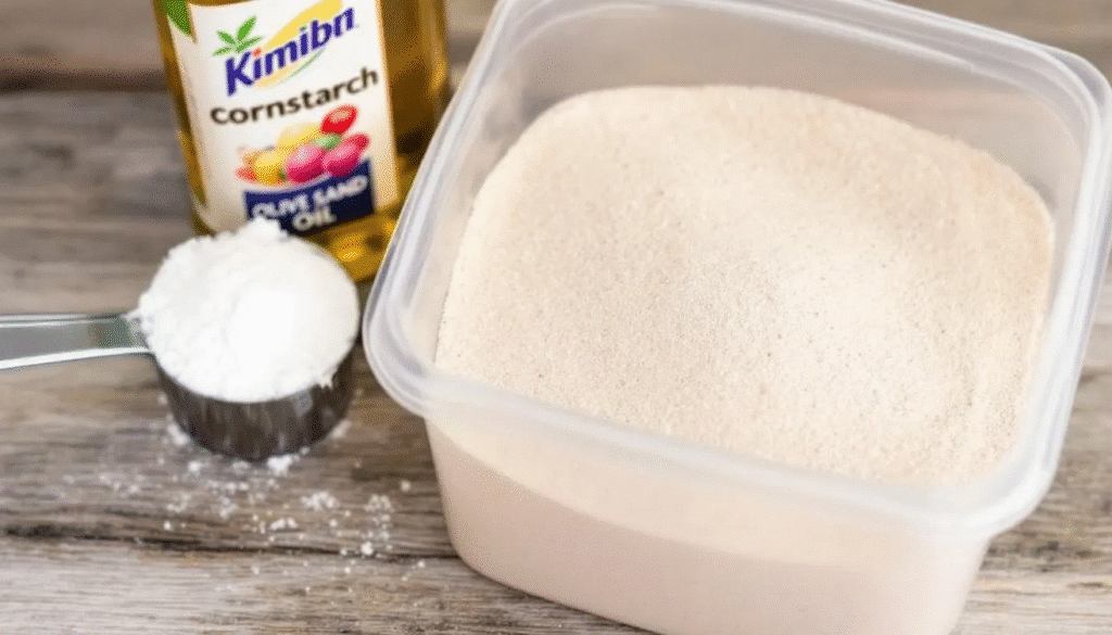 The image depicts a colorful assortment of DIY kinetic sand, showcasing its moldable texture and vibrant hues, perfect for sensory play. Various tools like cookie cutters and shovels are arranged around the sand, emphasizing the fun and creativity kids can experience while playing with this safe and clean play sand.