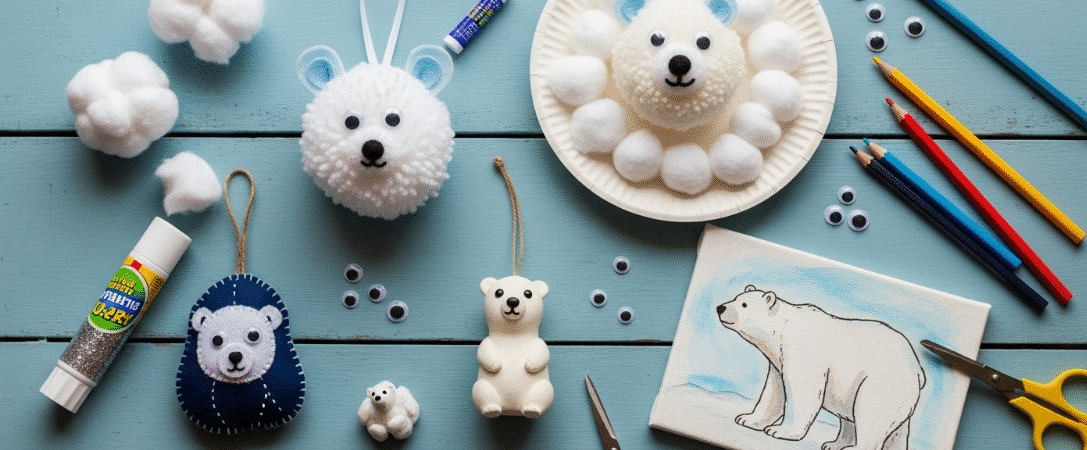 Different polar bear crafts on a blue wooden background.