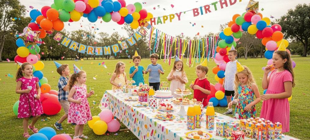 Photo of a Pop Up Birthday Party with balloons and party items for kids, balloon arches and other decor.