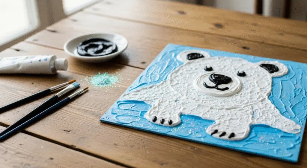 A puffy paint polar bear craft displayed on a table.