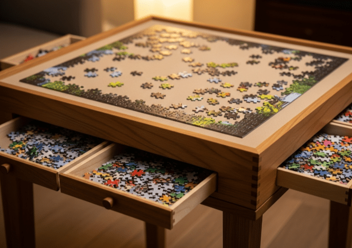 Puzzle Boards with Drawers Puzzle boards with drawers, providing a practical way to store incomplete puzzles.