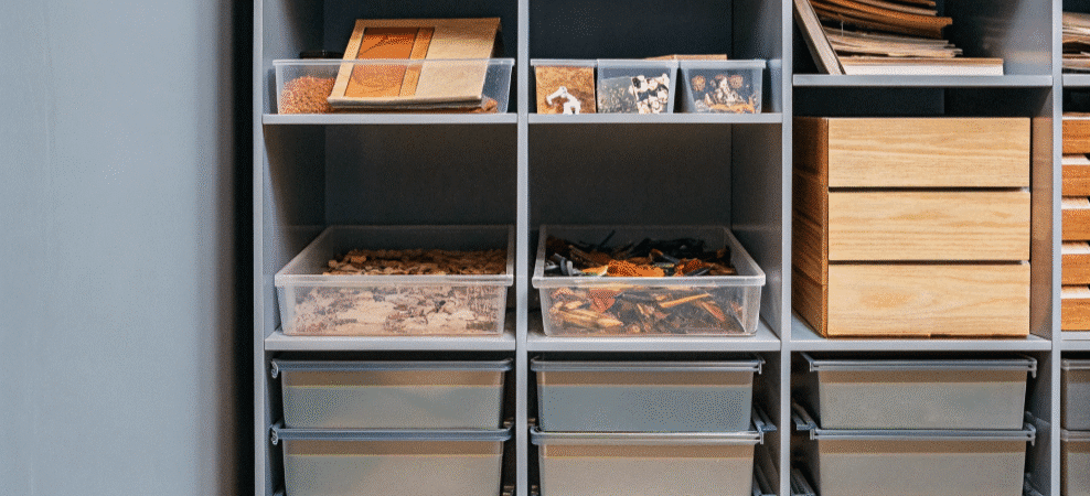 A photo of a series of compartments within a storage unit, featuring various items such as boxes, papers, and other miscellaneous items.