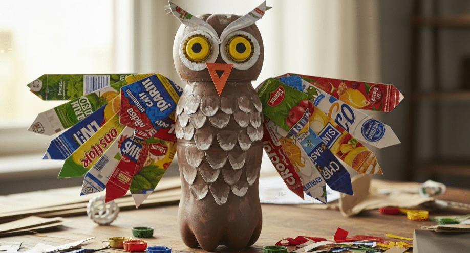 Recycled Owl Crafts Recycled owl crafts made from plastic bottles and juice cartons, demonstrating eco-friendly creativity.