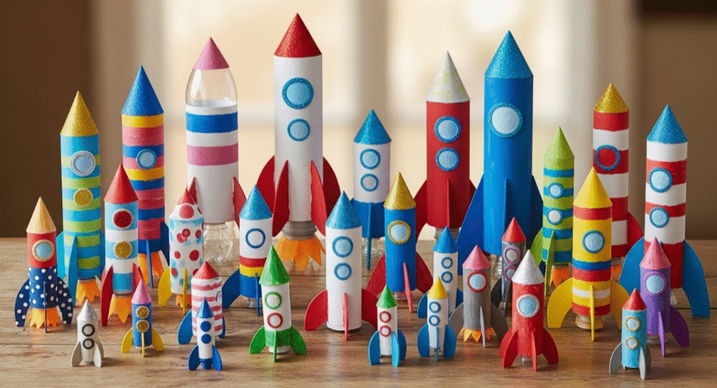 A colorful display of various rocket ship crafts on a table.