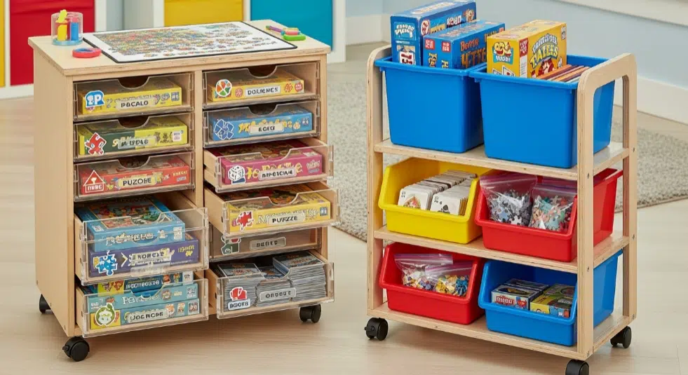 Rolling carts filled with various storage options for puzzles and board games.
