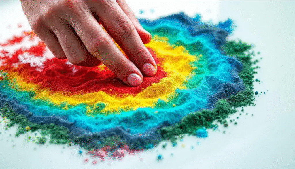 The image showcases a vibrant display of sand art, featuring an array of colored sand in hues of red, yellow, and green, arranged to create a striking decorative picture. The scene emphasizes the texture and color variations of the sand, highlighting its potential for unique home decor and crafts projects.