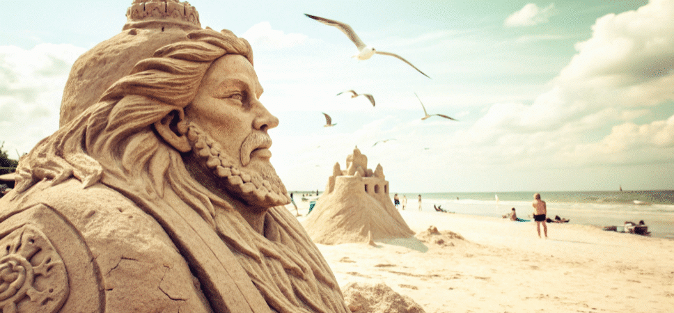 A Sand Sculpture character on a beach.
