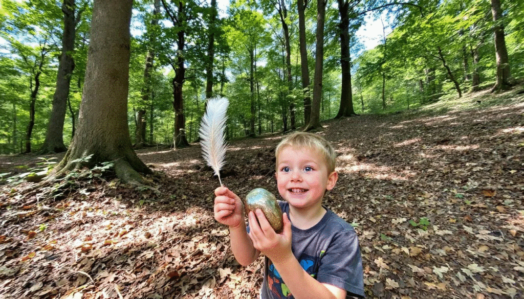 A child excitedly explores the outdoors during a nature scavenger hunt, searching for unique items like shiny rocks, feathers, and oddly shaped leaves. This imaginative play encourages creativity and storytelling, as the child envisions adventures and characters related to their discoveries.