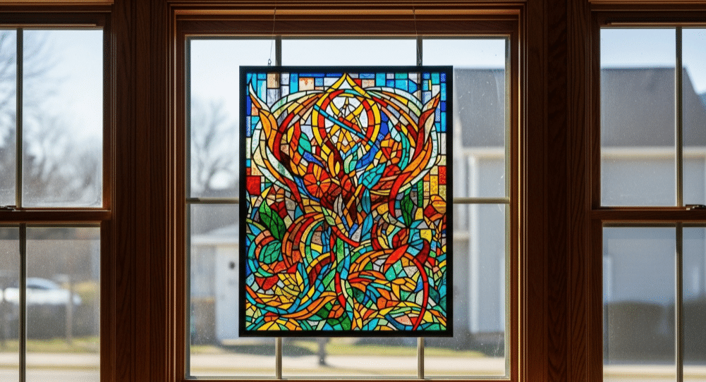Sealing and Displaying Your Artwork An artwork being displayed in a window, showcasing a stained glass craft.
