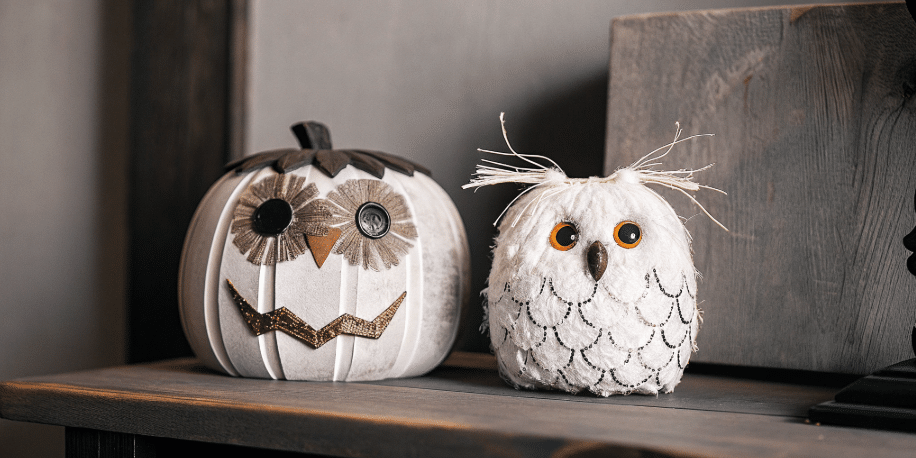 Seasonal Owl Crafts Seasonal owl crafts, including a carved pumpkin owl and a snowy owl winter craft, displayed together.
