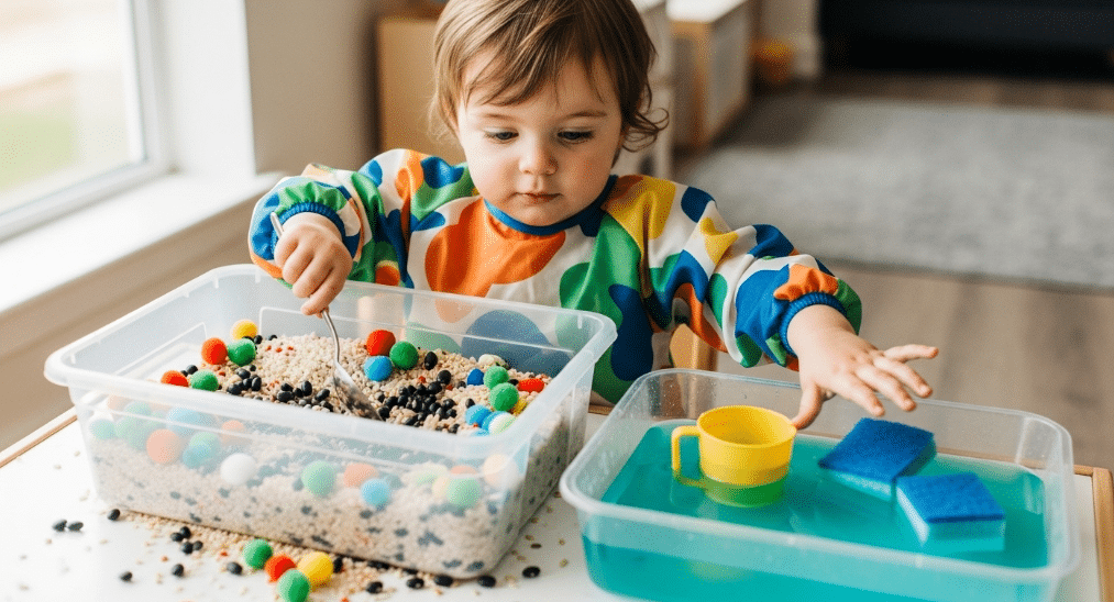 Sensory Play A toddler is joyfully engaged in sensory play, exploring a colorful sensory bin filled with rice, beans, and pom poms, while using a spoon to dig through the materials. Nearby, a shallow container of water with vibrant food coloring invites splashing, as the child practices fine motor skills and hand-eye coordination with a cup and sponge.