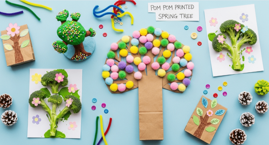 Spring Tree Crafts An assortment of spring tree crafts made by children, featuring vibrant colors and various materials.