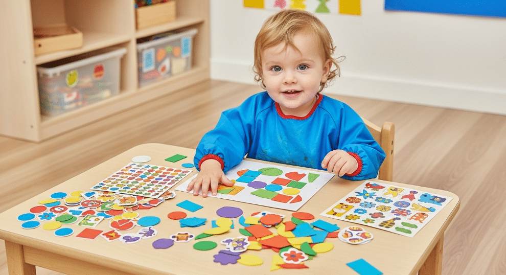 Stickers and Shapes Kids exploring creativity with colorful stickers and shapes.