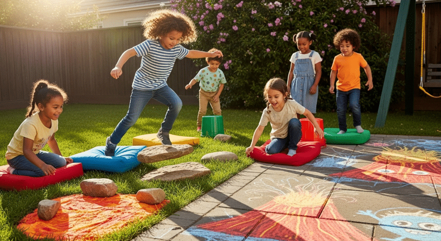 A group of children is energetically playing "The Floor is Lava" in a yard, using colorful cushions and rocks as safe zones while avoiding the ground, which represents lava. Nearby, vibrant drawings made with sidewalk chalk add to the imaginative outdoor play atmosphere, encouraging creativity and exploration.