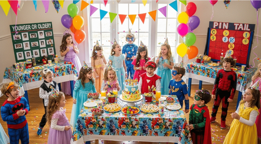A colorful children’s birthday party scene with decorations reflecting a favorite cartoon or toy theme. Kids are dressed up as their favorite characters, with interactive game stations including the younger or older birthday game, creating a joyful and memorable celebration.