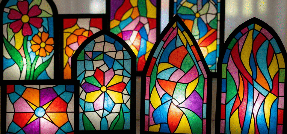A vibrant and colorful assortment of artisanal pieces of stained glass art, showcasing a variety of geometric and floral designs.