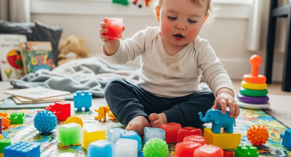 Toddler Activities An engaging scene shows a lively 18-month-old toddler exploring sensory play with colorful ice cubes and small toys, enhancing their fine motor skills and hand-eye coordination. The child is surrounded by household items, demonstrating curiosity and creativity through interactive games that promote language development and problem-solving skills.
