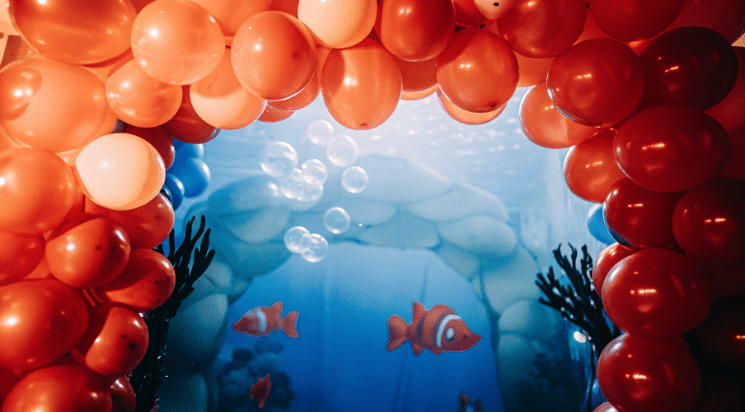 Colorful under the sea balloon arch decorated with blue, teal, and coral balloons, featuring mermaid, fish, and bubble designs creating a festive ocean-themed party atmosphere