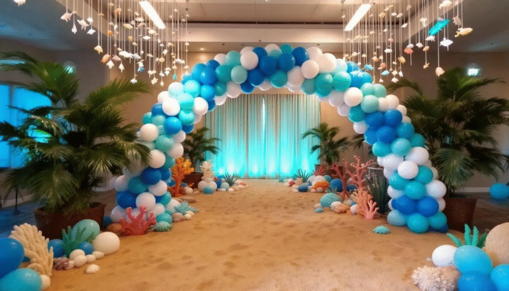 The image depicts a beautifully arranged under the sea party setup, featuring a vibrant sea balloon arch made of various shades of blue and green balloons, accented with white balloons representing bubbles. Surrounding the arch are playful decorations, including sea mermaid party decorations and colorful fish motifs, creating an inviting atmosphere for a birthday celebration.