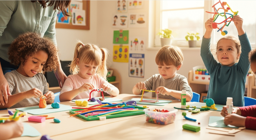 A group of preschoolers engaged in creating 3D art.