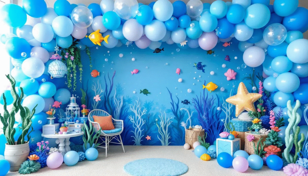 The image features a vibrant sea balloon arch decorated with ocean-themed balloons in shades of blue, including shimmering mermaids, colorful fish, and playful bubbles. This enchanting display creates an inviting underwater atmosphere, perfect for a birthday celebration or any festive gathering.
