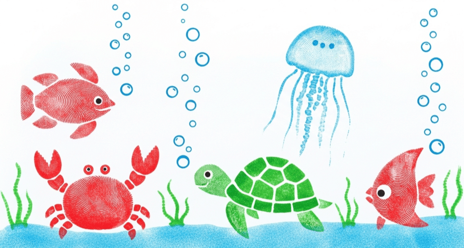 Underwater thumbprint art featuring various sea creatures.